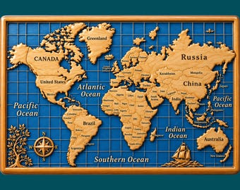 May include: A rectangular wooden world map wall art piece featuring light brown carved continents mounted on a deep blue background with a grid pattern. The map includes engraved country names, a compass rose, a tree, and a sailing ship.
