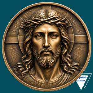 May include: A circular bronze-toned relief plaque featuring a detailed portrait of a bearded figure wearing a crown of thorns. The background consists of a radiating sunburst pattern behind a cross. The text "grave 3D Studio" appears in the corner.