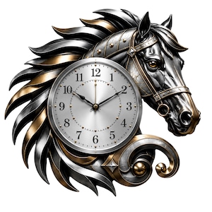 Könnte beinhalten: Dekorative Wanduhr in Form eines Pferdekopfes. Das silberne Zifferblatt zeigt schwarze Zahlen und Zeiger. Der Pferdekopf ist mit silbernen und goldenen Akzenten detailliert, was ein auffälliges Kunstwerk ergibt.