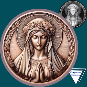 Virgem Maria | Mapa de Profundidade de Moedas | Mapa de Altura | Gravado a Laser 3D | Xtool Lightburn | Glowforge | PNG | Download Digital | CNC | Arquivo de Corte a Laser