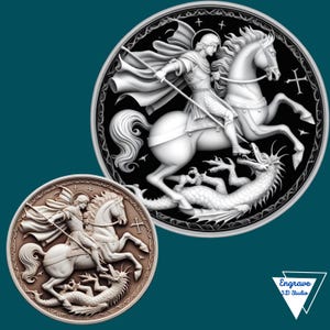 Puede incluir: Una escultura en relieve 3D blanca de San Jorge matando a un dragón. La escultura está montada sobre un fondo circular negro con un borde plateado. La escultura es un tema popular en el arte cristiano y se utiliza a menudo como símbolo de coraje y fuerza.