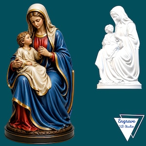Può includere: Statua dettagliata della Vergine Maria che tiene in braccio il bambino Gesù. La statua presenta una veste blu con finiture dorate, un indumento intimo rosso e un velo color crema. È mostrata anche una seconda statua bianca. L'immagine include il testo "Engrave 3D Studio".
