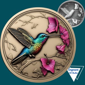 Colibrí / Mapa de profundidad / Mapa de altura / Grabado láser 3D / Xtool / Lightburn / CNC / Escala de grises / Glowforge / Ilusión 3D / Flores / Pájaros