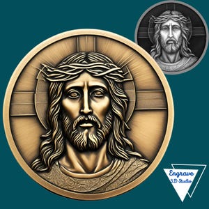May include: A round bronze plaque featuring a raised image of Jesus Christ. He is wearing a crown of thorns and has a beard and long hair. The background is a cross with a sunburst design.