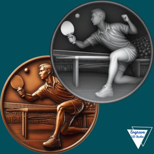 Könnte beinhalten: Bronzefarbenes Medaillon mit einem Relief eines Tischtennisspielers mit Schläger und Ball. Ein zweites, graustufiges Bild derselben Szene ist überlagert. Das Bild enthält den Text "Engrave 3D Studio".