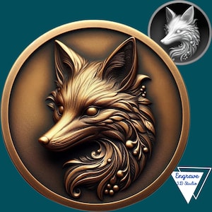 May include: A detailed, bronze-colored, 3D sculpture of a fox's head with intricate floral designs. The fox's eyes are highlighted with a white glaze. The sculpture is set against a circular, bronze-colored background.