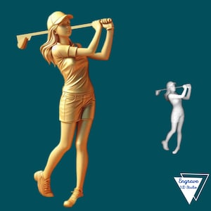 May include: A gold-colored figurine of a golfer in a swing pose. The golfer is wearing a cap, a short-sleeved shirt, and shorts. The figurine is holding a golf club.