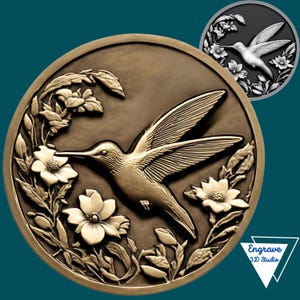 Mapa de profundidad de moneda de colibrí / Mapa de altura / Grabado láser 3D / Xtool / Lightburn 3D / Descarga de arte / PNG / Descarga digital / CNC / Aves