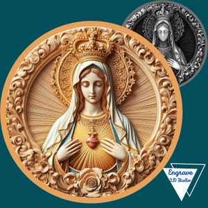 Arquivo 3D Laser da Virgem Maria | Mapa de Profundidade | Mapa de Altura | Xtool | Arquivo PNG | Lightburn | Arte CNC | Tons de Cinza | Glowforge | Corte a Laser | Rainha Maria