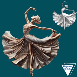 May include: A gold-colored ballerina figurine with a flowing skirt, posed in a graceful dance position. The figurine is set against a teal background.