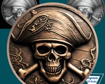 pirate Skeleton coin | PNG | 3d embossing files | fiber laser engraving design |coin engraving | depth map | laser cut | height map | CNC