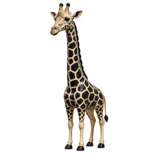May include: A standing giraffe figurine featuring a tall neck, a dark brown mane, and a coat patterned with distinct dark brown, geometric-shaped spots against a light cream-colored background. The figure has two small ossicones on its head.