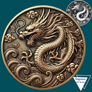 May include: A gold-coloured metal coin featuring a detailed, three-dimensional design of a dragon with a curled tail and a cloud-like background. The coin has the Chinese character "龍" (dragon) on the left side. The coin is made by Engrave 3D Studio.