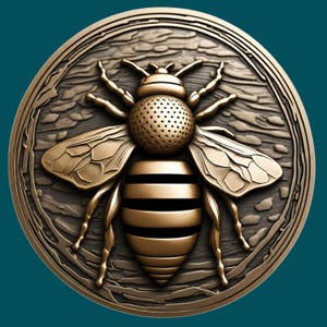 May include: A circular bronze-toned medallion featuring a raised relief of a bee in the center. The bee has a textured thorax and smooth, striped abdomen with detailed wings. The background of the medallion has a wood-grain pattern.