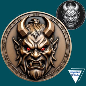Oni Coin Tiefe Karte | Höhe Karte | 3D Laser Gravur | Xtool | PNG | Lichtbrand | CNC Münze | Graustufen | Glühschmiede |  Laserdatei| Wesen