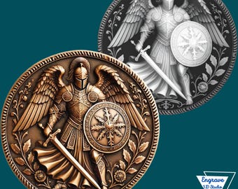 May include: Two detailed bronze-colored medallions featuring an armored angel with large wings, a sword, and a shield. One medallion is in grayscale. The medallions are surrounded by a decorative border with floral elements. The text "Engrave 3D Studio" is in the lower right corner.