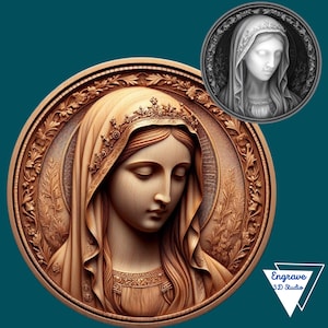 Mapa de Profundidade da Moeda da Virgem Maria | Mapa de Altura | Gravação a Laser 3D | Xtool | Lightburn | Ilusão 3D | PNG | Download digital | glowforge | Saint