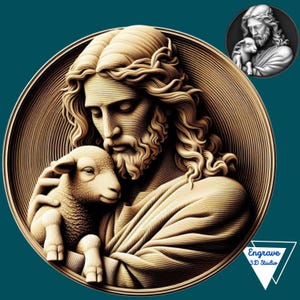 May include: A detailed wood carving of Jesus holding a lamb. The carving is in a circular frame and has a realistic style.