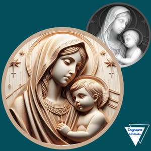 Virgem Maria | Arquivo 3D a laser de Jesus | Mapa de profundidade | PNG | Gravação de profundidade | Moeda de latão | Queima de luz | Tons de cinza | CNC | Forja brilhante | Santa Maria