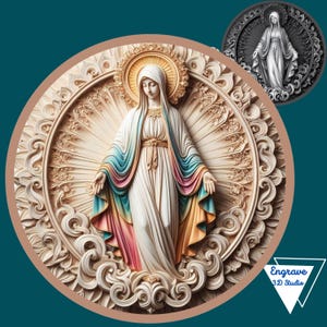 Nossa Senhora das Graças 3D Corte a laser | Mapa de profundidade | Mapa de altura | Gravura | Xtool | PNG |Lightburn |CNC | Tons de cinza | Glowforge | Virgem Maria