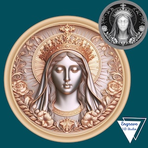 Arquivo 3D Laser da Virgem Maria | mapa de profundidade | arquivo PNG | gravação de profundidade | moeda de latão | imagens de alta qualidade | lightburn | tons de cinza | Rainha Maria