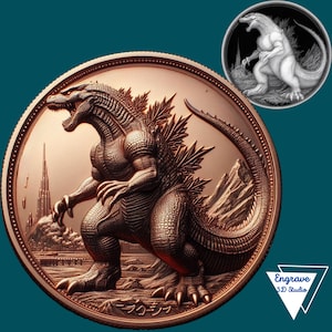Op de afbeelding: Een koperkleurige munt met een gedetailleerd 3D-beeldhouwwerk van Godzilla, een fictief monster, dat op een rotsachtig terrein staat. De munt heeft het Japanse woord "ゴジラ" (Godzilla) onderaan gegraveerd.
