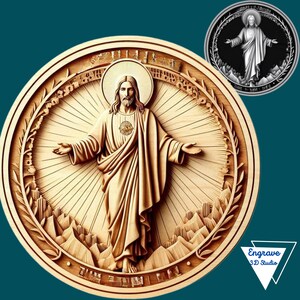 May include: A wooden carving of Jesus Christ with a heart on his chest, surrounded by a sunburst and floral designs. The carving is on a round wooden plaque.