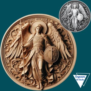 Lime laser Archange Michael | Carte de profondeur laser 3D | PNG | Gravure en profondeur | pièce de monnaie en laiton | images de haute qualité | coup de lumière | Niveaux de gris | Commande numérique par ordinateur
