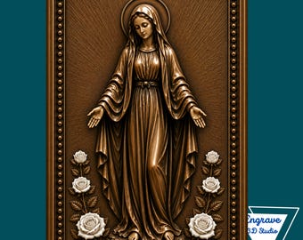 Our Lady Virgin Mary, High Relief STL File | Faith Art , Flowers (3D Print, SVG)