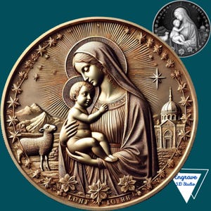 Mapa de profundidade da moeda da Virgem Maria e Jesus | Arquivo a laser | Mapa de altura | Gravação a laser 3D | Xtool | Lightburn | Ilusão 3D | PNG | Glowforge | Arte CNC