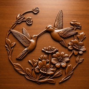 Può includere: Un rilievo da parete color rame raffigurante due colibrì l'uno di fronte all'altro in una disposizione circolare di fiori e foglie dettagliati. L'opera d'arte metallica presenta intricate texture di piume e petali con una finitura calda.
