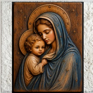 May include: A rectangular wooden wall plaque featuring a relief carving of a figure holding a child. The figures are adorned with blue robes and circular halos, set against a dark brown background decorated with small, carved star motifs.
