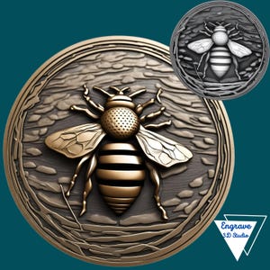 Op de afbeelding: Een gouden bij met zwarte strepen is gegraveerd op een ronde, donkergrijze metalen plaat. De bij is omgeven door een getextureerd, cirkelvormig ontwerp. De plaat heeft de tekst "Engrave 3D Studio" in de rechterbenedenhoek.