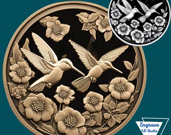Hummingbirds 3D Relief STL File | embossing | Depth, Height | | laser engraving | CNC | Laser cut | PNG