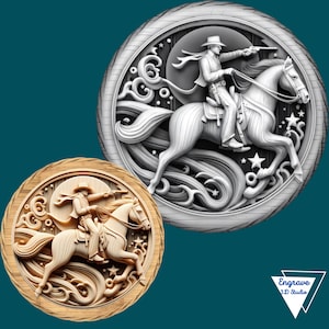 May include: A 3D carved wooden plaque depicting a cowboy riding a horse through a swirling cloud formation with stars in the background. The plaque is circular and has a light brown wood finish.