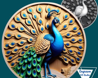 Peacock 3D Relief STL File | embossing | Depth, Height MaP | Resin | laser engraving | Bird
