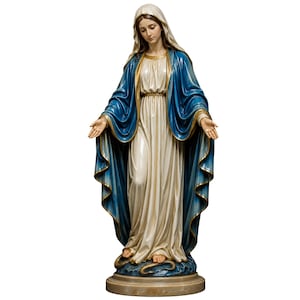 May include: A standing statue of a figure wearing a cream-colored gown and a flowing blue mantle with gold trim. The figure has a veil over the head, arms extended outward with palms facing up, and stands upon a base featuring a coiled serpent.
