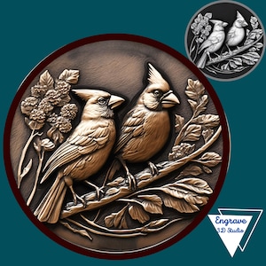 Archivo de grabado láser 3D de Cardenales / Mapa de profundidad / Mapa de altura / Xtool / PNG / Lightburn / CNC / Escala de grises / Glowforge / Ilusión 3D / Aves