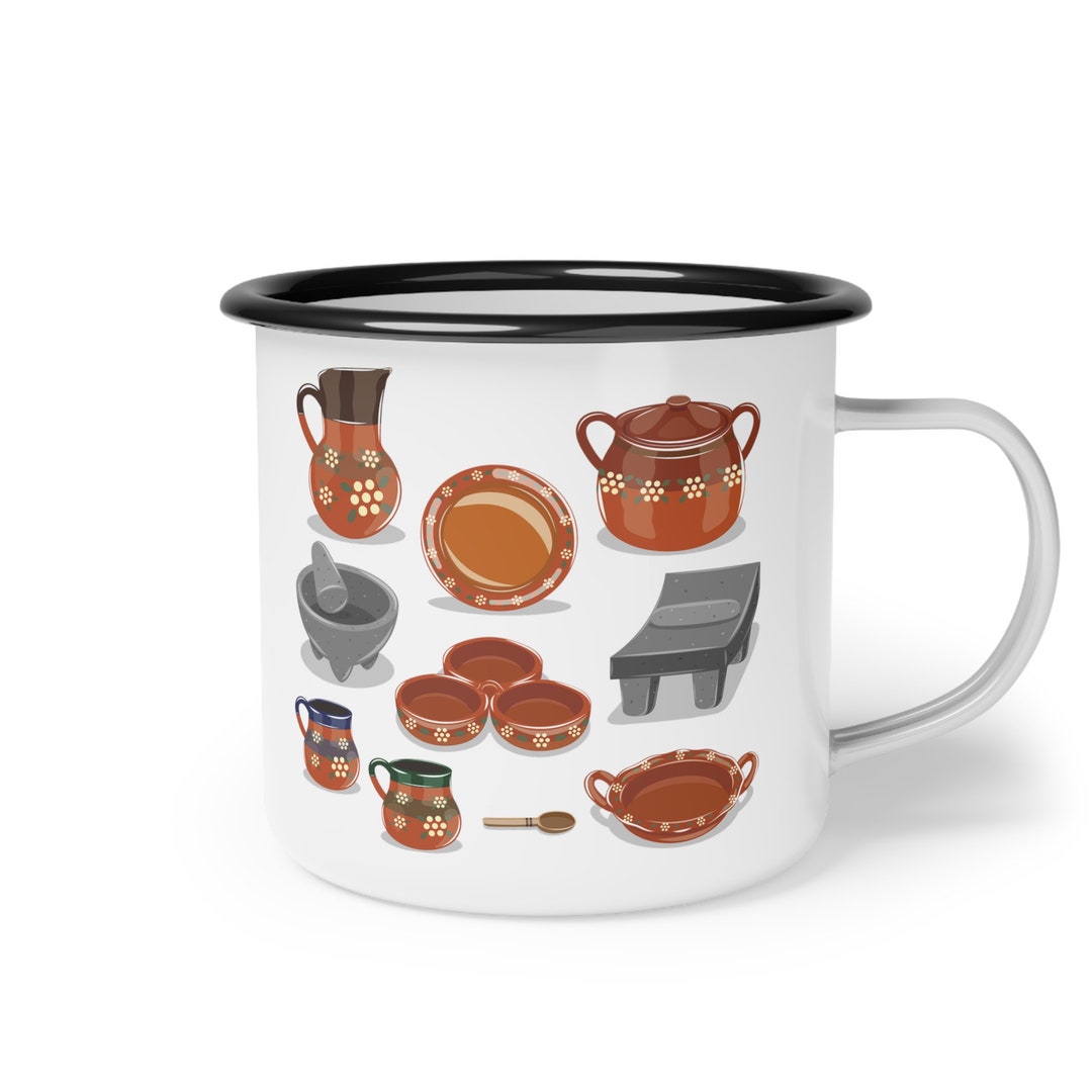 Crockery Mexican Set Mug, Molcajete Mug, Metate Mug, Mexico Mug, Enamel