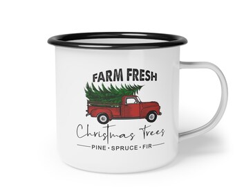 Farm Fresh Christmas Tree Mug, Christmas Mug, Christmas Tree Mug, Enamel Camp Cup