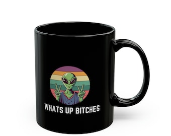 Grappige buitenaardse mok, buitenaardse koffiemok, buitenaardse mok, vrede buitenaardse mok, UFO mok, ruimte mok, Galaxy mok, grappige UFO mok, zwarte mok (11oz)