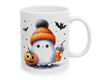 Niedlicher Halloween-Geist, Halloween-Becher, gruseliger Geist-Becher, Halloween-Geschenk, entzückender Geist-Becher, Keramikbecher, (11 Unze)