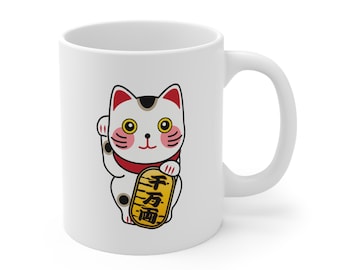 Fortune Cat Mug, Kitty Mug, Lucky Cat Mug, Animal Lover Gift, Lucky Gift Cat Mug, Ceramic Mug 11oz