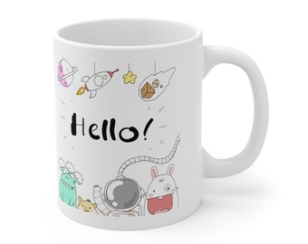 Space Bunny Mug,  Astronaut Mug, Space Coffee Mug, Planets Mug, Ceramic Mug 11oz