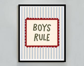 Boys Rule Print: Blue Striped Nursery Poster, Kids Room Wall Art, Playroom Decor (Digital Download)