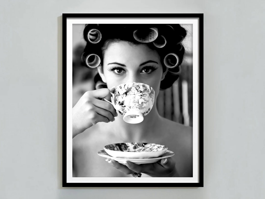 Woman Drinking Coffee in Paris Poster, Black and White, Vintage Print