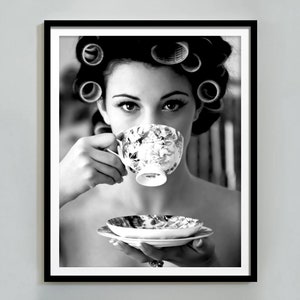 Woman Drinking Coffee in Hair Salon Print, Italy Breakfast Poster, Black and White, Kitchen Wall Art, Dining Room Decor, Digital Download