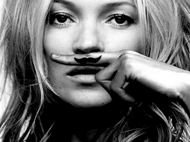 Kate Moss Black & White Mustache Photograph Poster - Unframed Wall Art Print (Multiple Sizes Available)