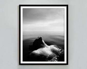Naked Woman in Water Print: Black and White Girls Bathroom Wall Art (Digital Download)