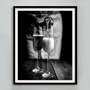 Wydruk szampana, plakat na wózek barowy, czarno-biały, sztuka ścienna koktajlowa, wydruk w stylu vintage do baru, plakat z alkoholem, wystrój angielskiego pubu, pobieranie cyfrowe